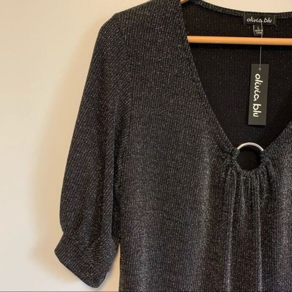 New with tag black shimmery v neckline women top with half sleeves size large - Picture 4 of 8